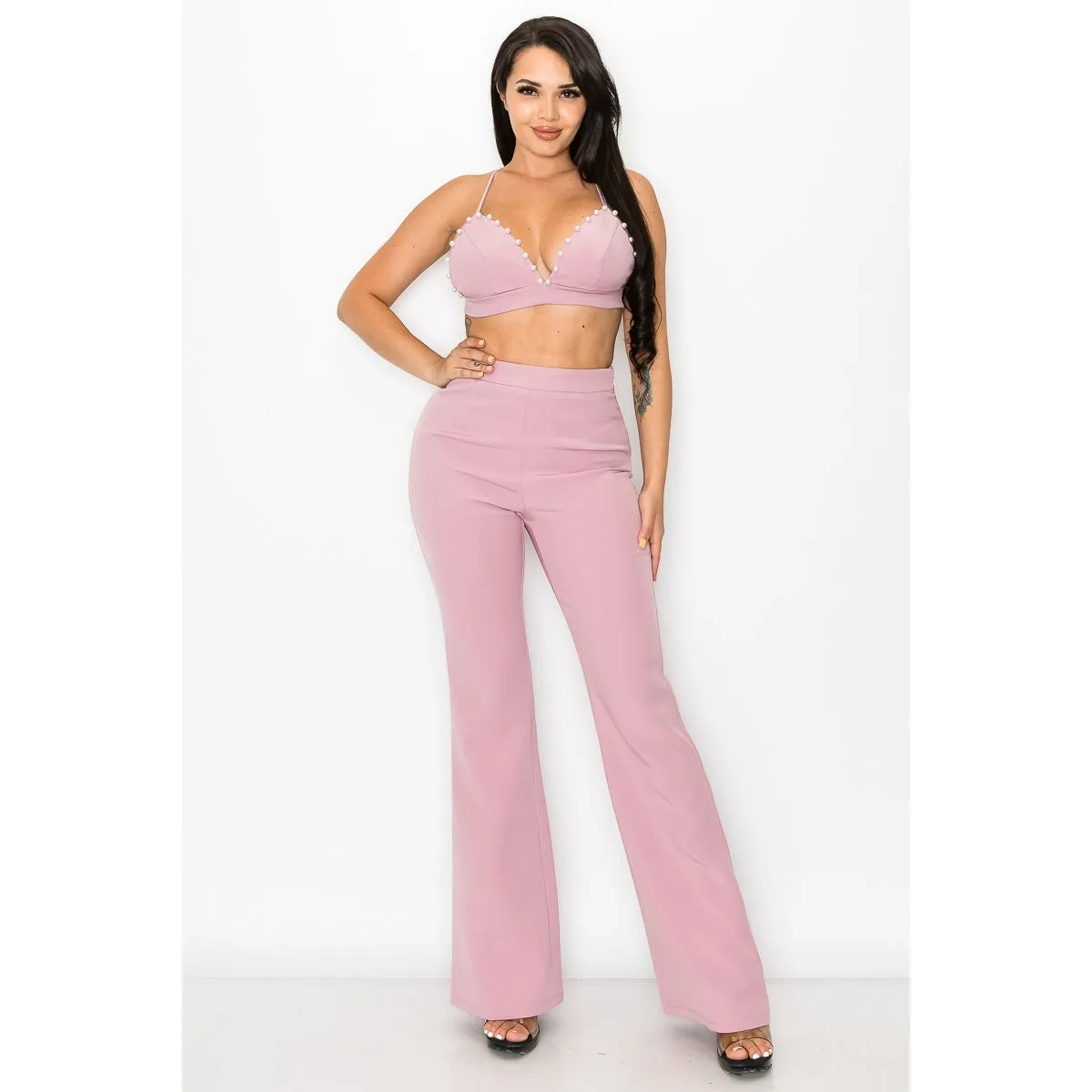 3-Piece Blush Pearl Trim Pantsuit