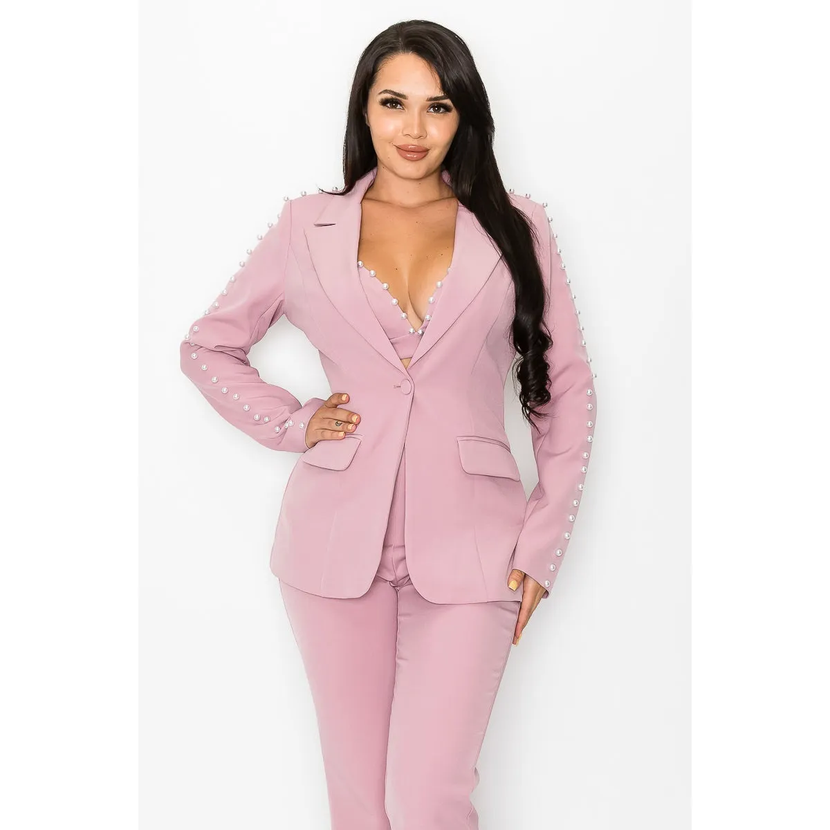 3-Piece Blush Pearl Trim Pantsuit