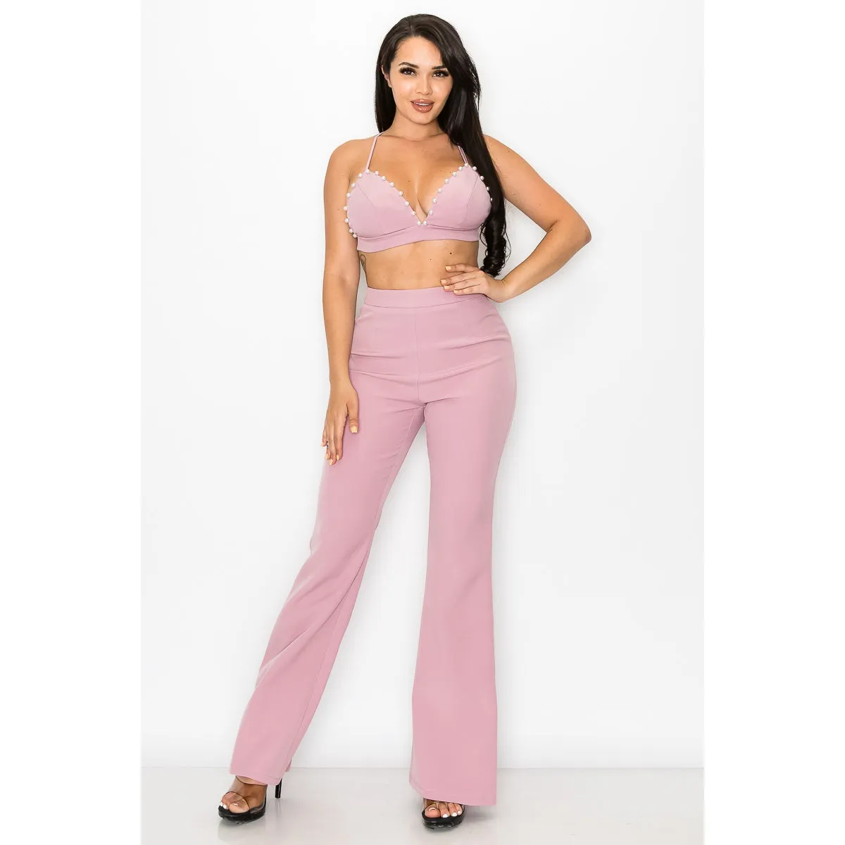 3-Piece Blush Pearl Trim Pantsuit