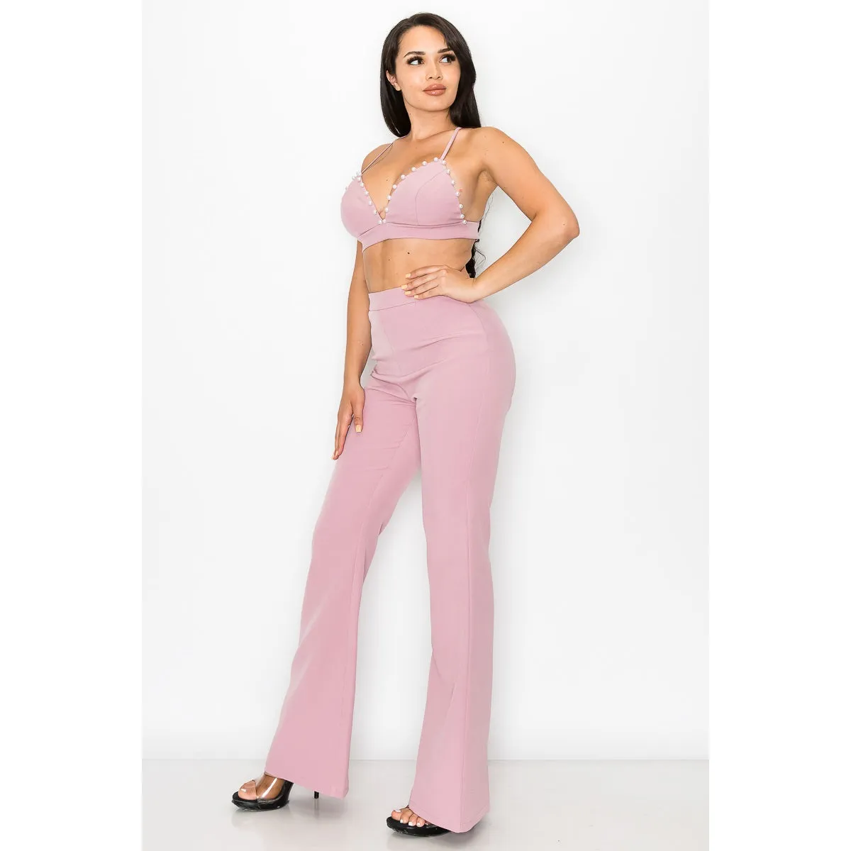 3-Piece Blush Pearl Trim Pantsuit