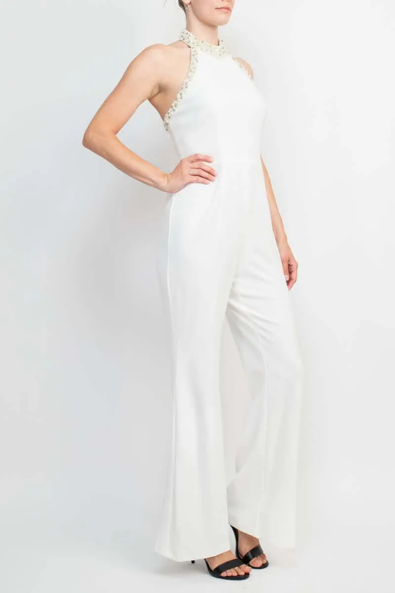 Adrianna Papell Embellished Halter Neck Open Zipper Back Solid Stretch Knit Crepe Jumpsuit