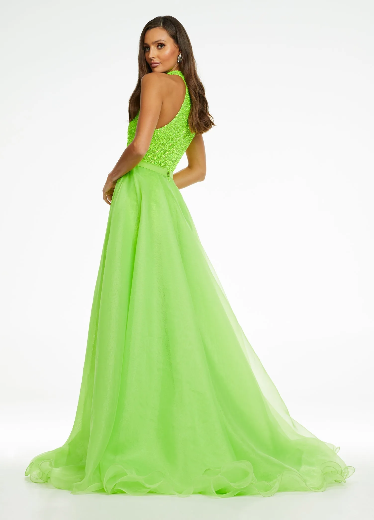 Ashley Lauren 1740 Size 4, 6 Neon Green Long Organza Overskirt Wire Hem Pageant Prom Layers