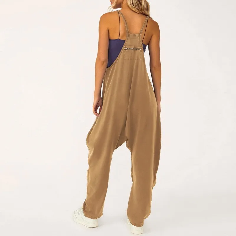 Ashore Shop Woman Casual Jumpsuit Women Casual Loose Long Bib Pants Wide Leg 2 Zipper Jumpsuits Baggy Rompers Overalls With Pockets