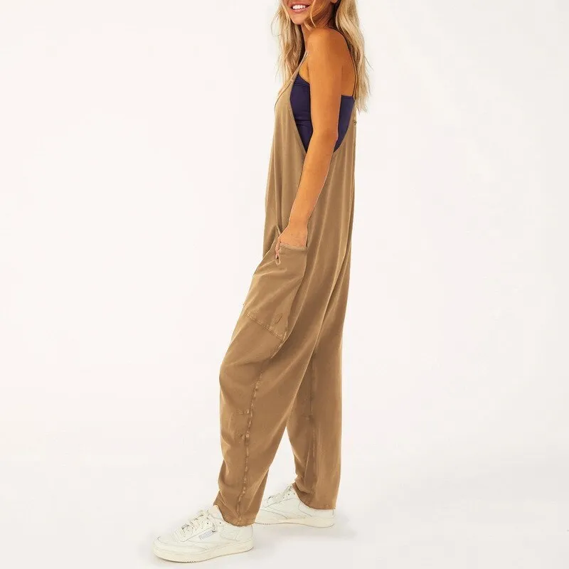 Ashore Shop Woman Casual Jumpsuit Women Casual Loose Long Bib Pants Wide Leg 2 Zipper Jumpsuits Baggy Rompers Overalls With Pockets