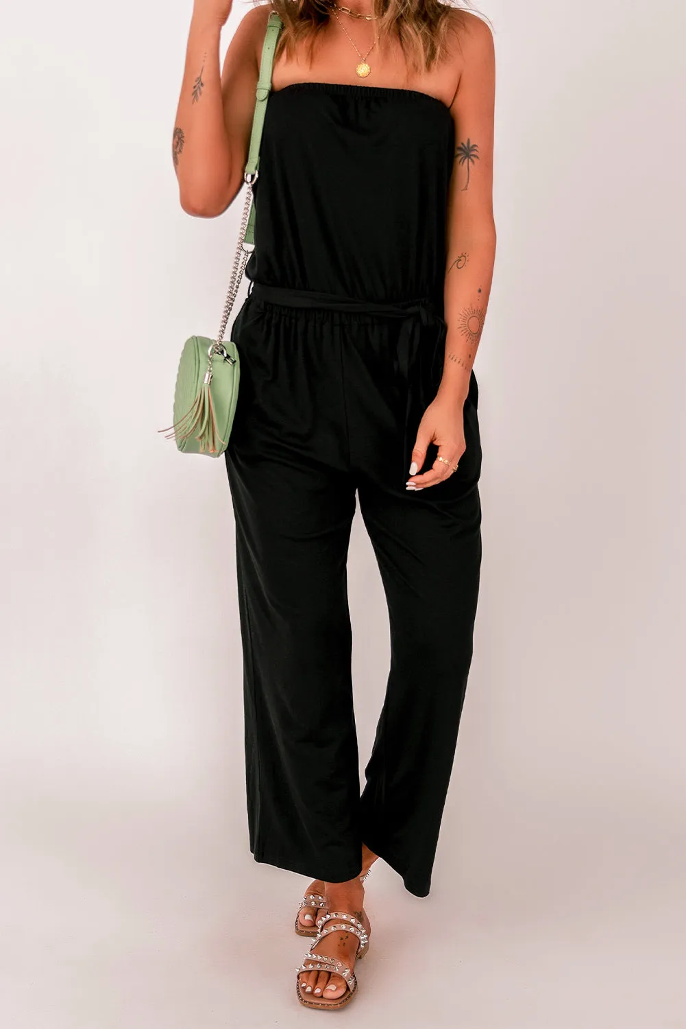 Belted Strapless Wide Leg Jumpsuit