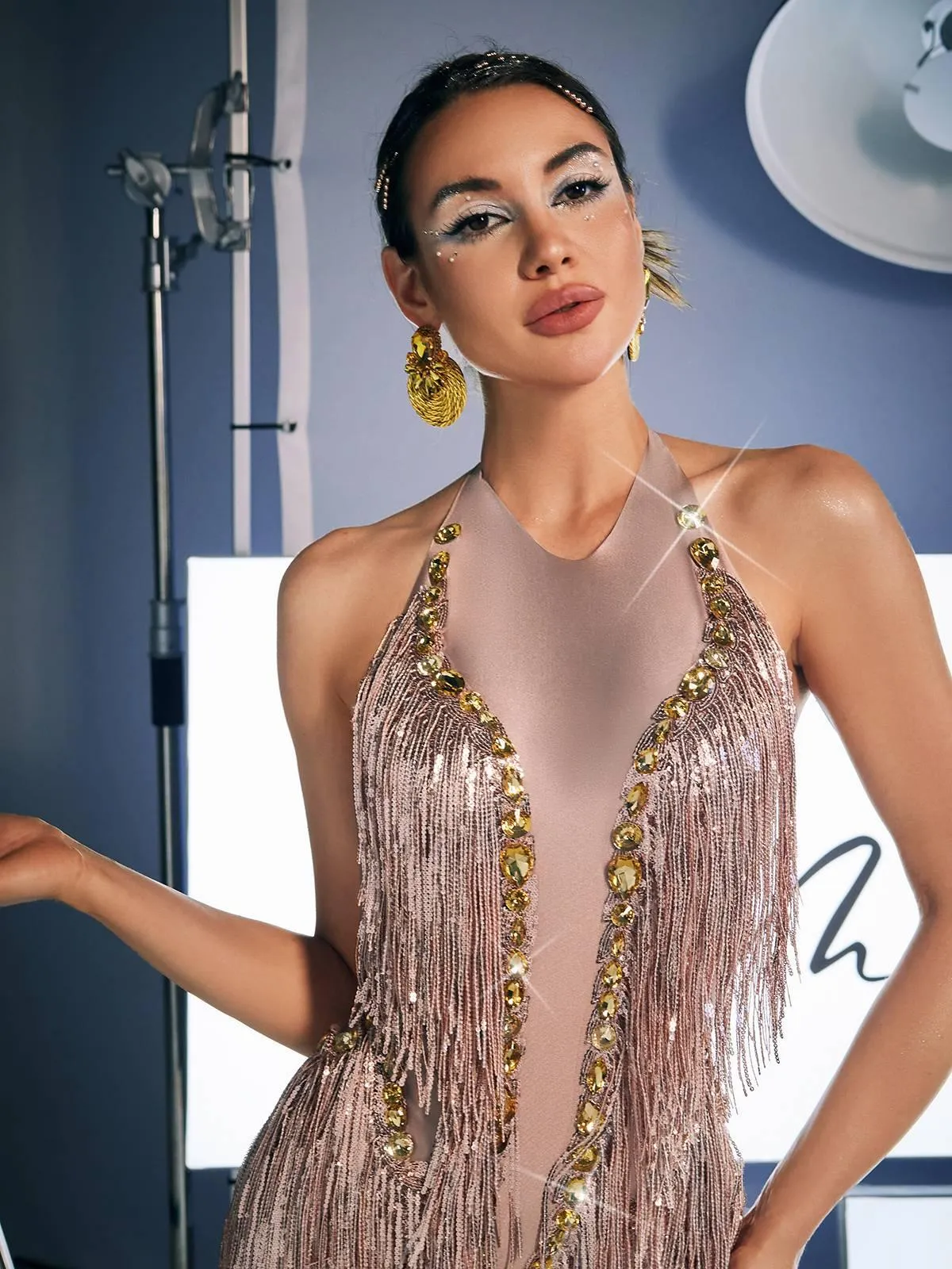 Benicio Halterneck Fringe Sequin Bodysuit