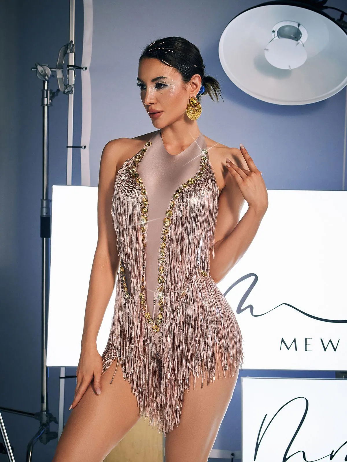 Benicio Halterneck Fringe Sequin Bodysuit