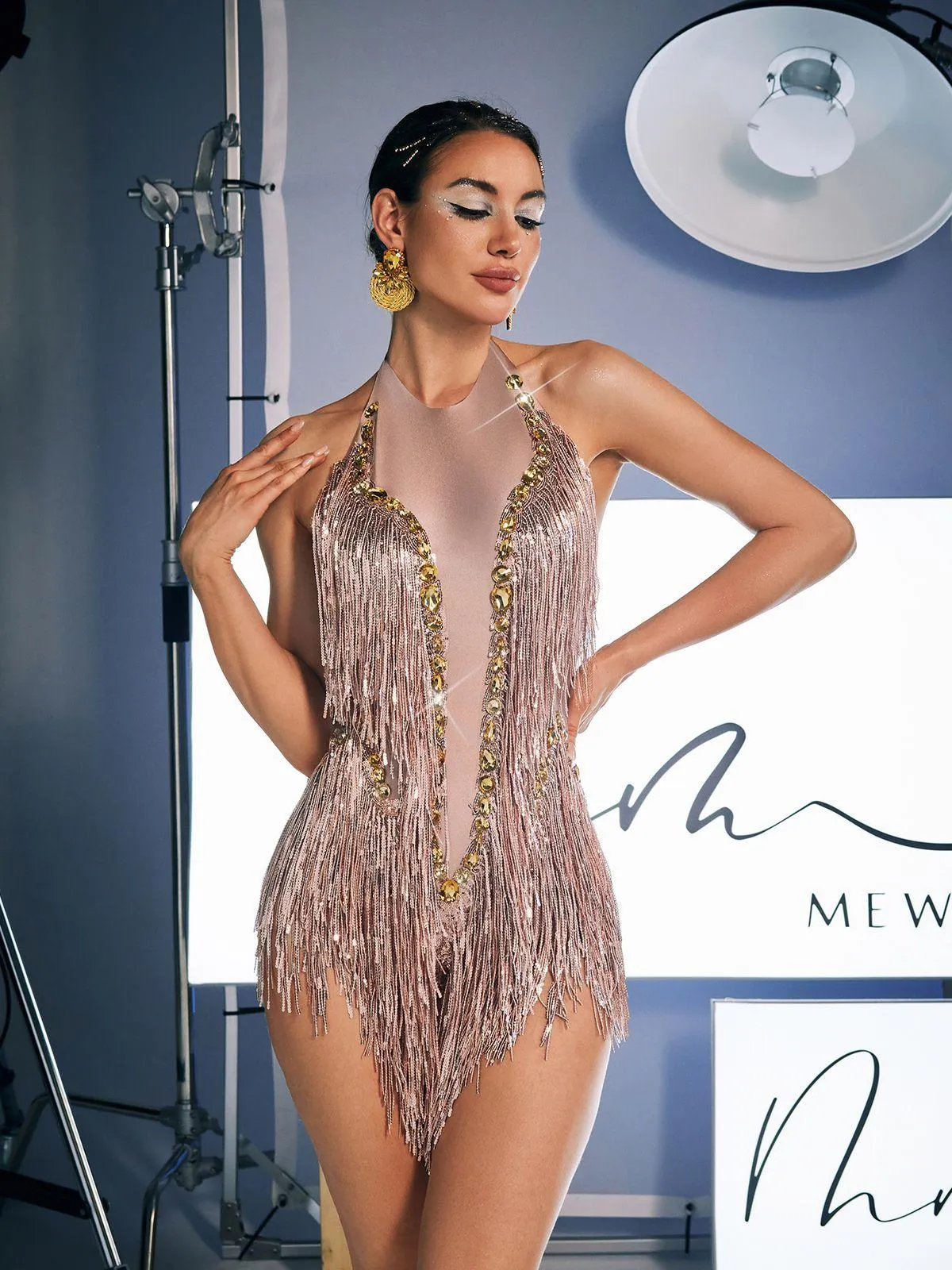 Benicio Halterneck Fringe Sequin Bodysuit