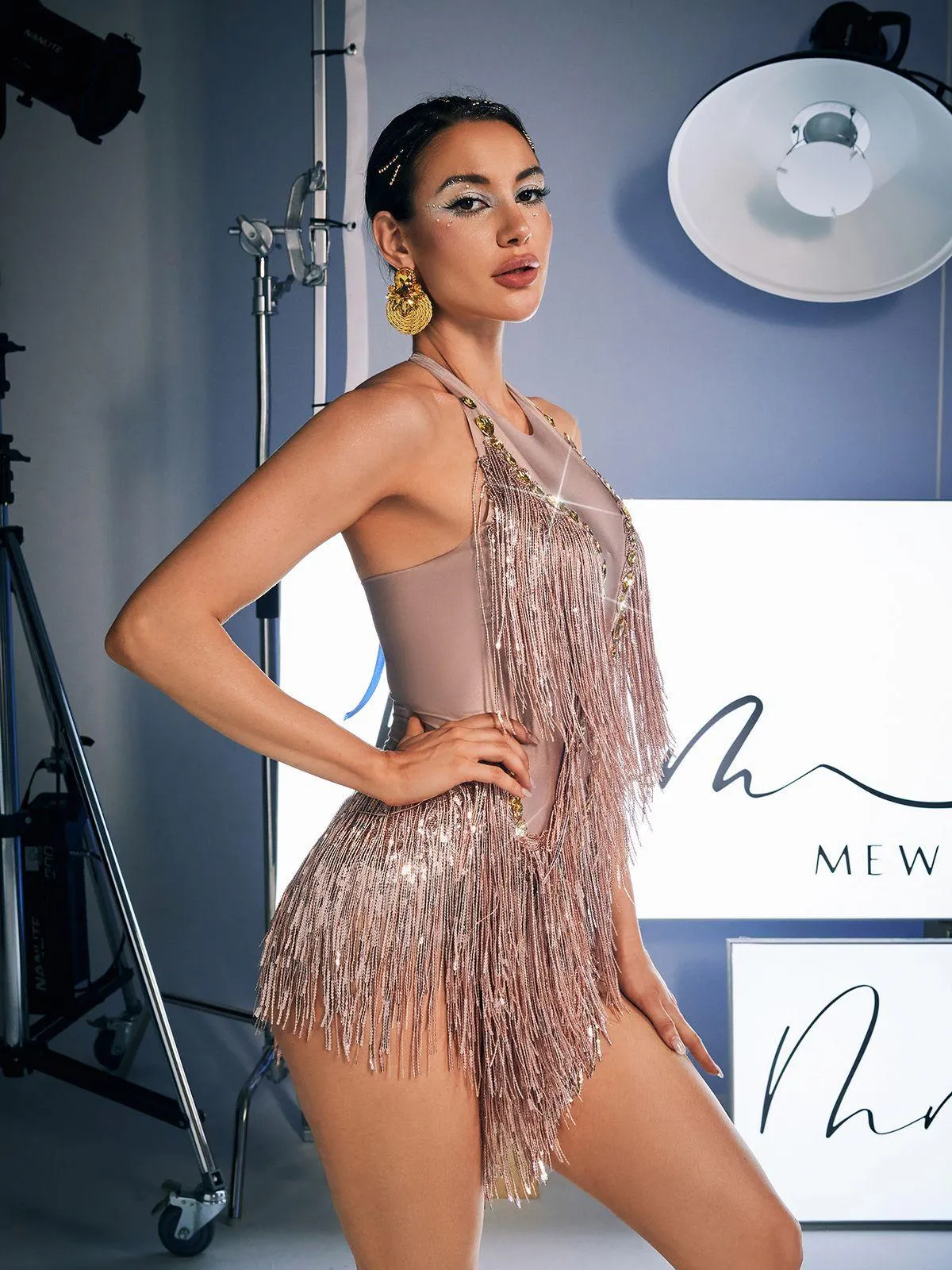 Benicio Halterneck Fringe Sequin Bodysuit