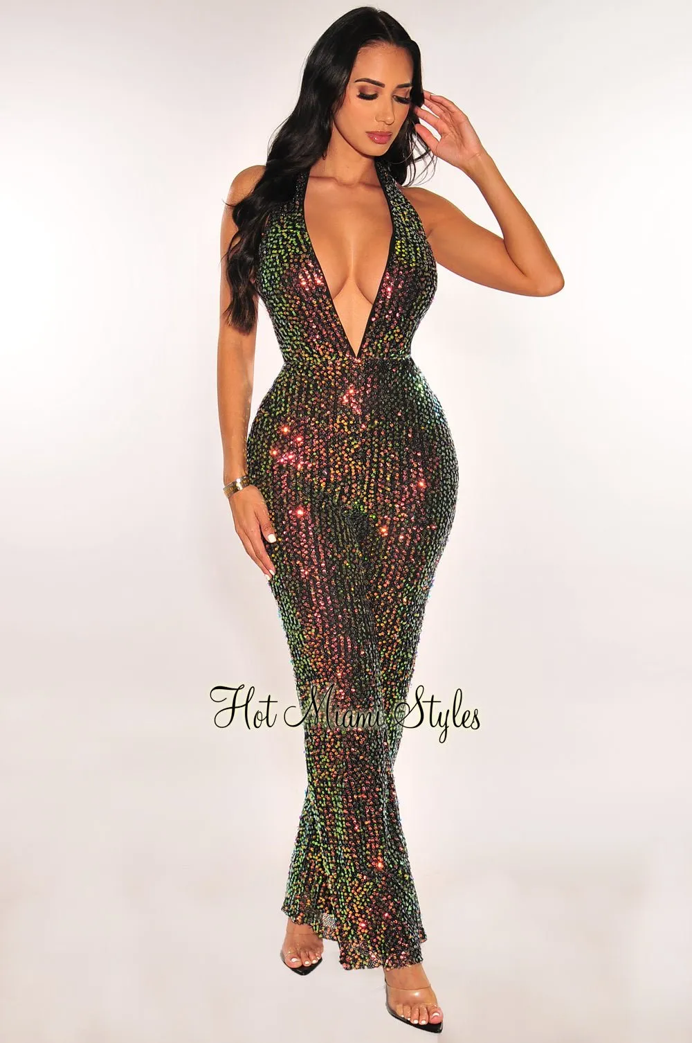 Black Green Mermaid Sequin Deep V Neck Halter Open Back Wide Leg Jumpsuit