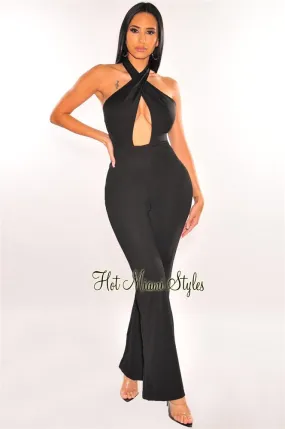 Black Halter CrissCross Cut Out Palazzo Jumpsuit