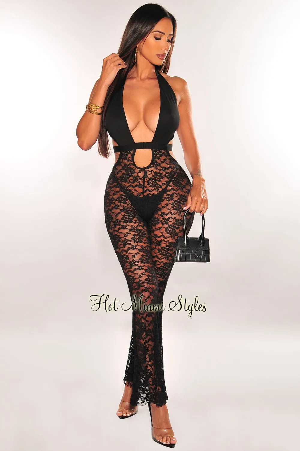 Black Lace Halter Cut Out Strappy Flared Jumpsuit