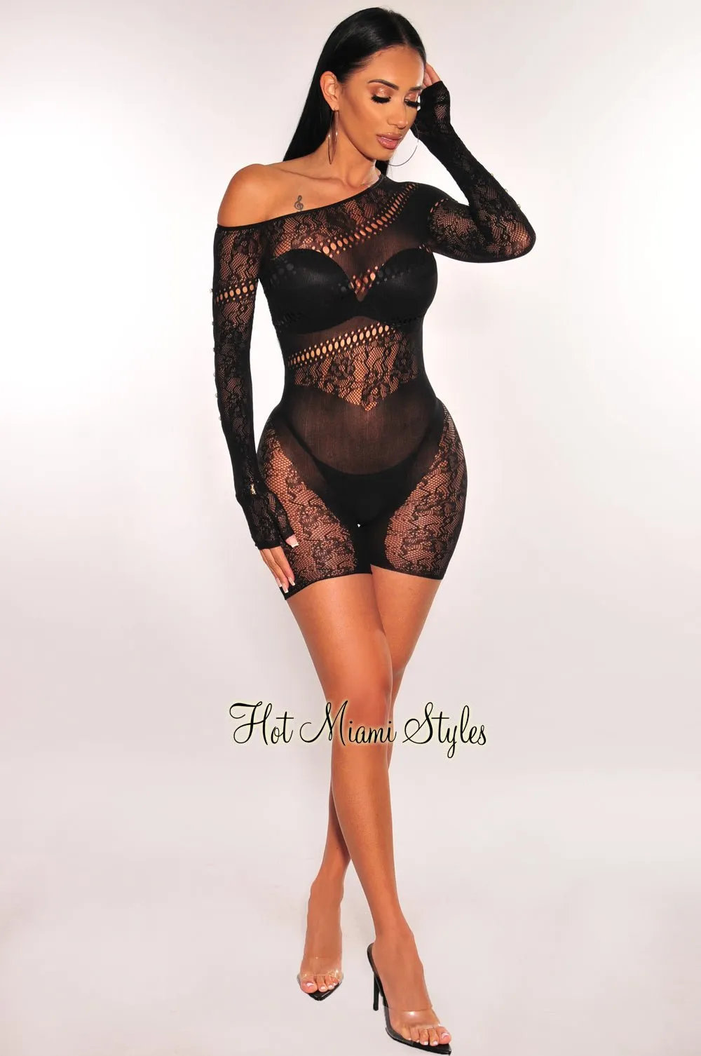 Black Lace Seamless Sheer Long Sleeve One Shoulder Rhinestone Cut Out Romper