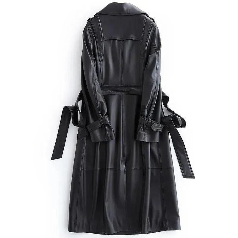 Black Lapel Leather Trench Coat for Women