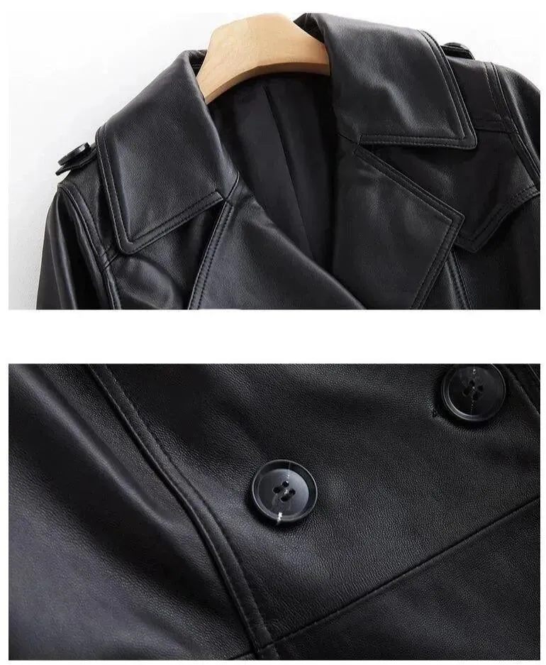 Black Lapel Leather Trench Coat for Women