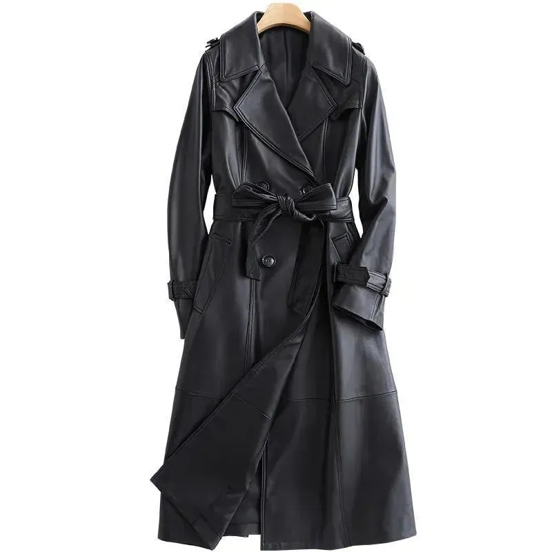 Black Lapel Leather Trench Coat for Women