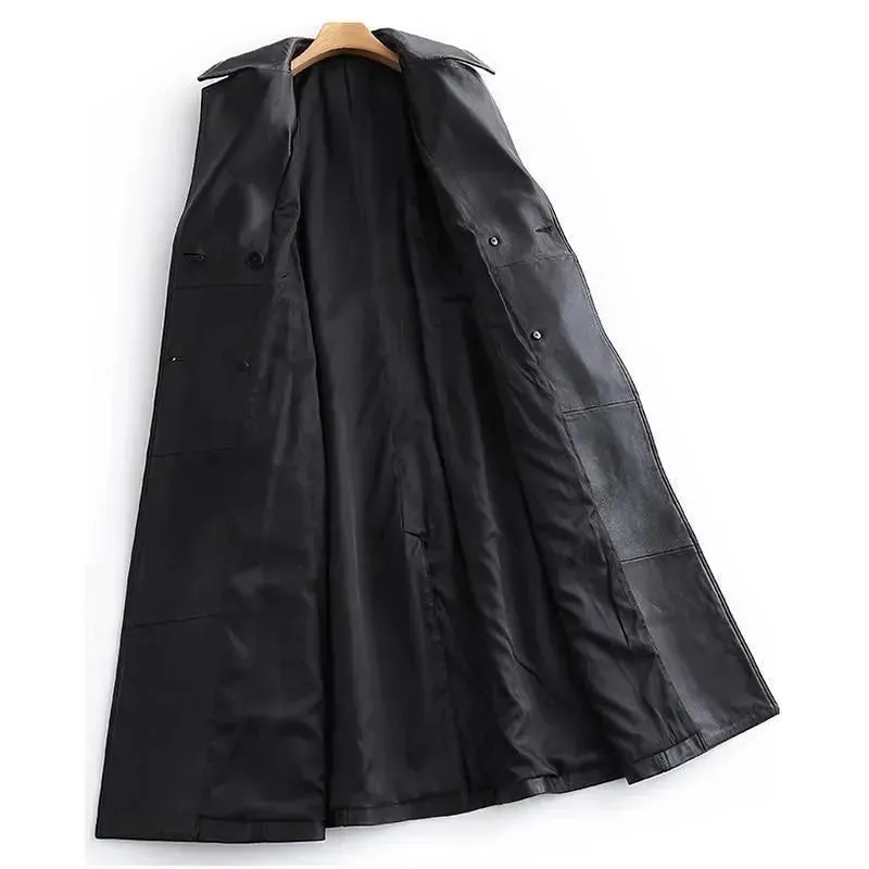 Black Lapel Leather Trench Coat for Women