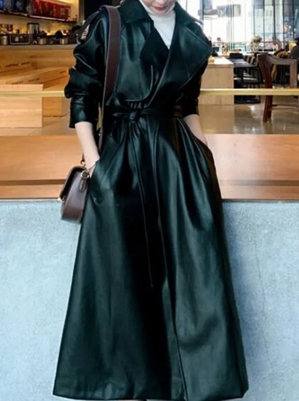 Black Oversized Long Waterproof Leather Trench Coat for Women 2022 S-7XL