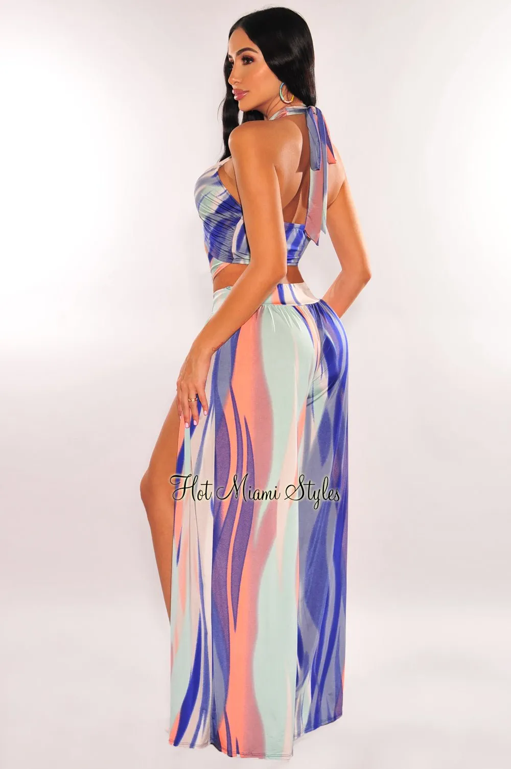 Blue Multicolor Abstract Print Criss Cross Wrap Halter Palazzo Jumpsuit