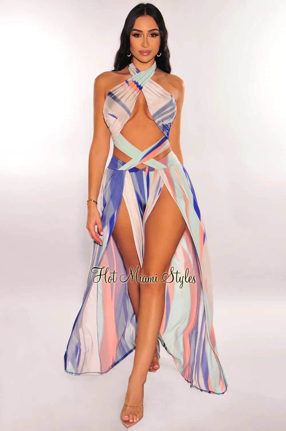 Blue Multicolor Abstract Print Criss Cross Wrap Halter Palazzo Jumpsuit