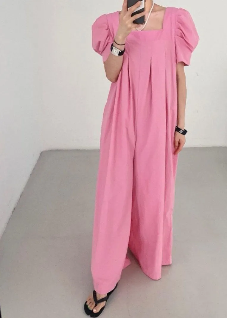 Bohemian Rose Square Collar Oversized Linen Jumpsuits Wide Leg Pants Summer