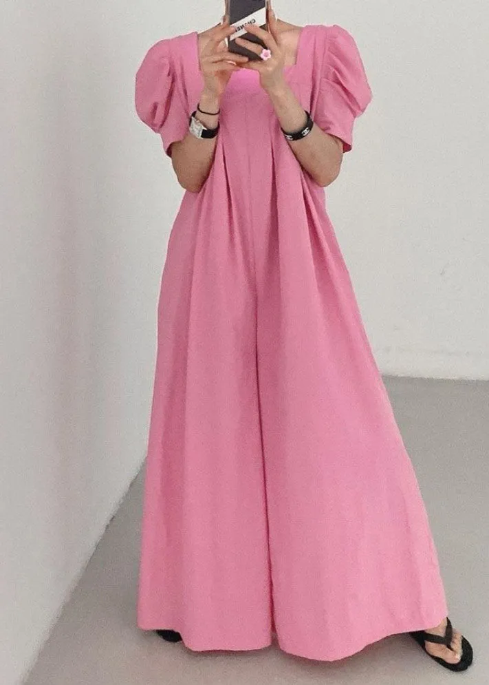 Bohemian Rose Square Collar Oversized Linen Jumpsuits Wide Leg Pants Summer