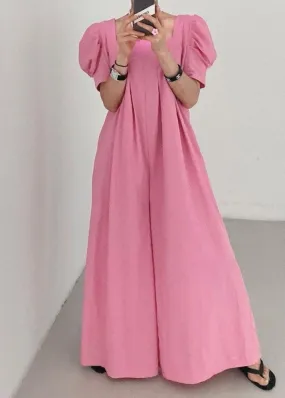 Bohemian Rose Square Collar Oversized Linen Jumpsuits Wide Leg Pants Summer