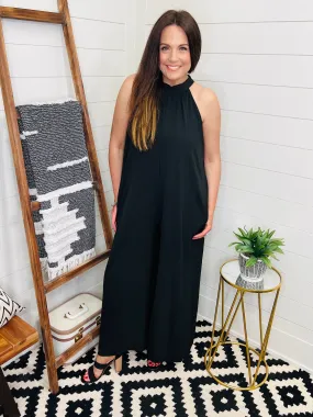 Bow Tie Halter Neck Wide Leg Jumpsuit with Pockets