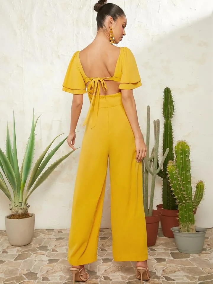 Butterfly sleeve wide leg jumpsuit in yellow