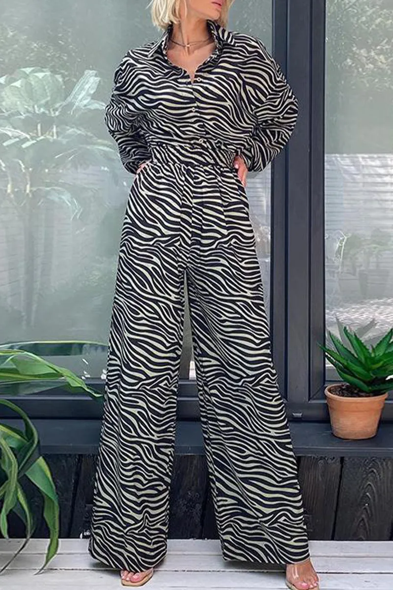 Casual Print Printing Turndown Collar Loose Jumpsuits