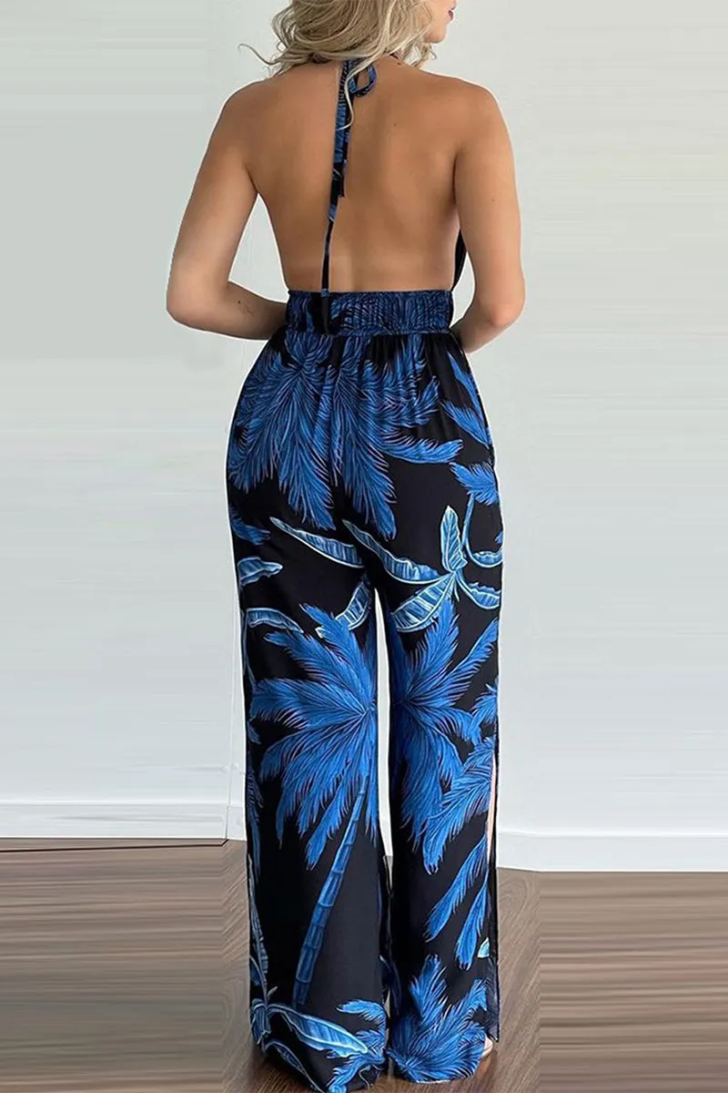 Casual Simplicity Print Spaghetti Strap Loose Jumpsuits