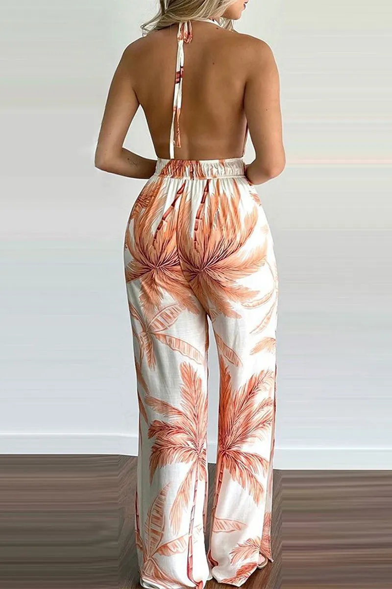 Casual Simplicity Print Spaghetti Strap Loose Jumpsuits