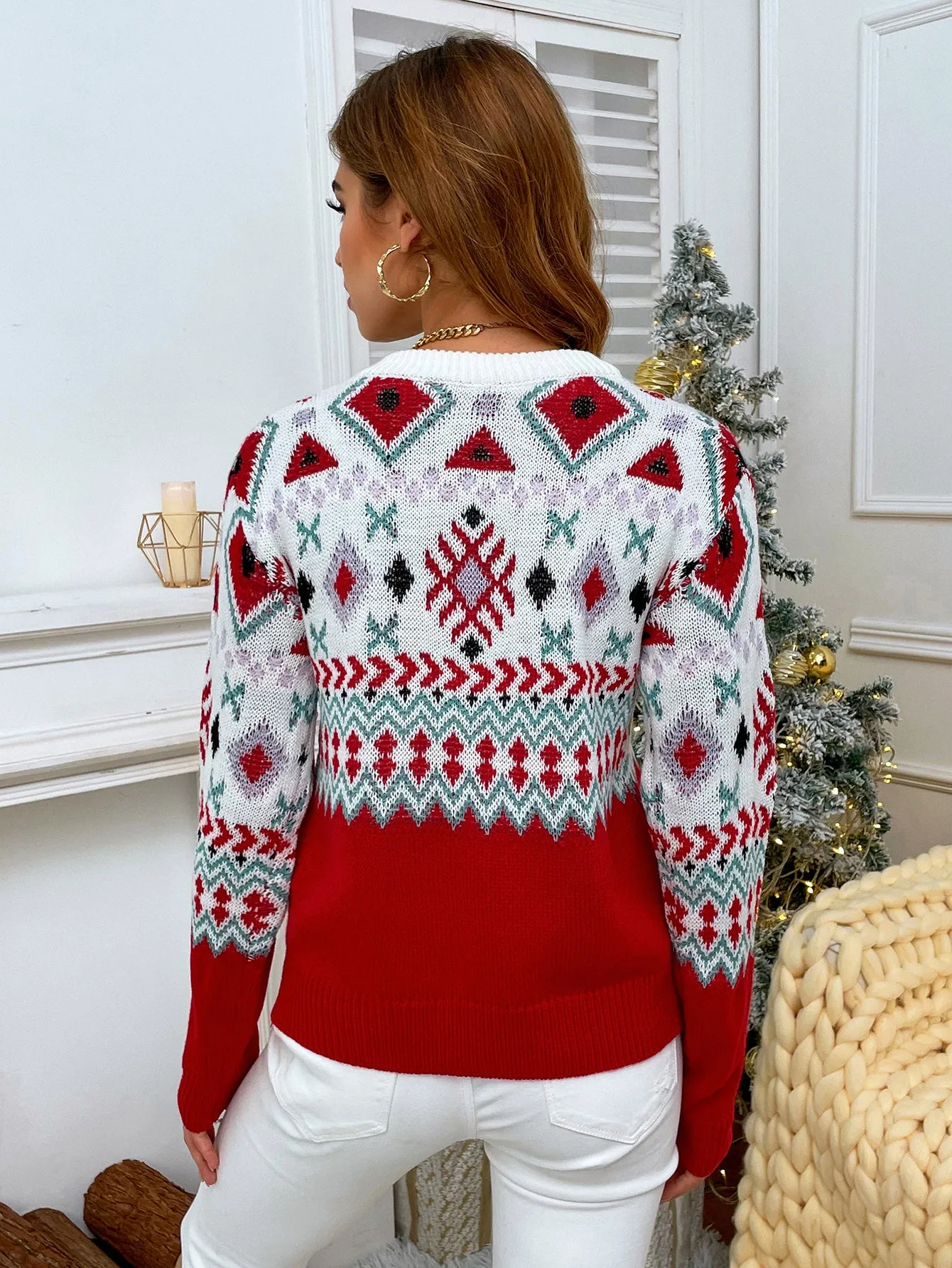 Christmas Snowflake Print Raglan Sleeve Red Sweater MYWU0042HO