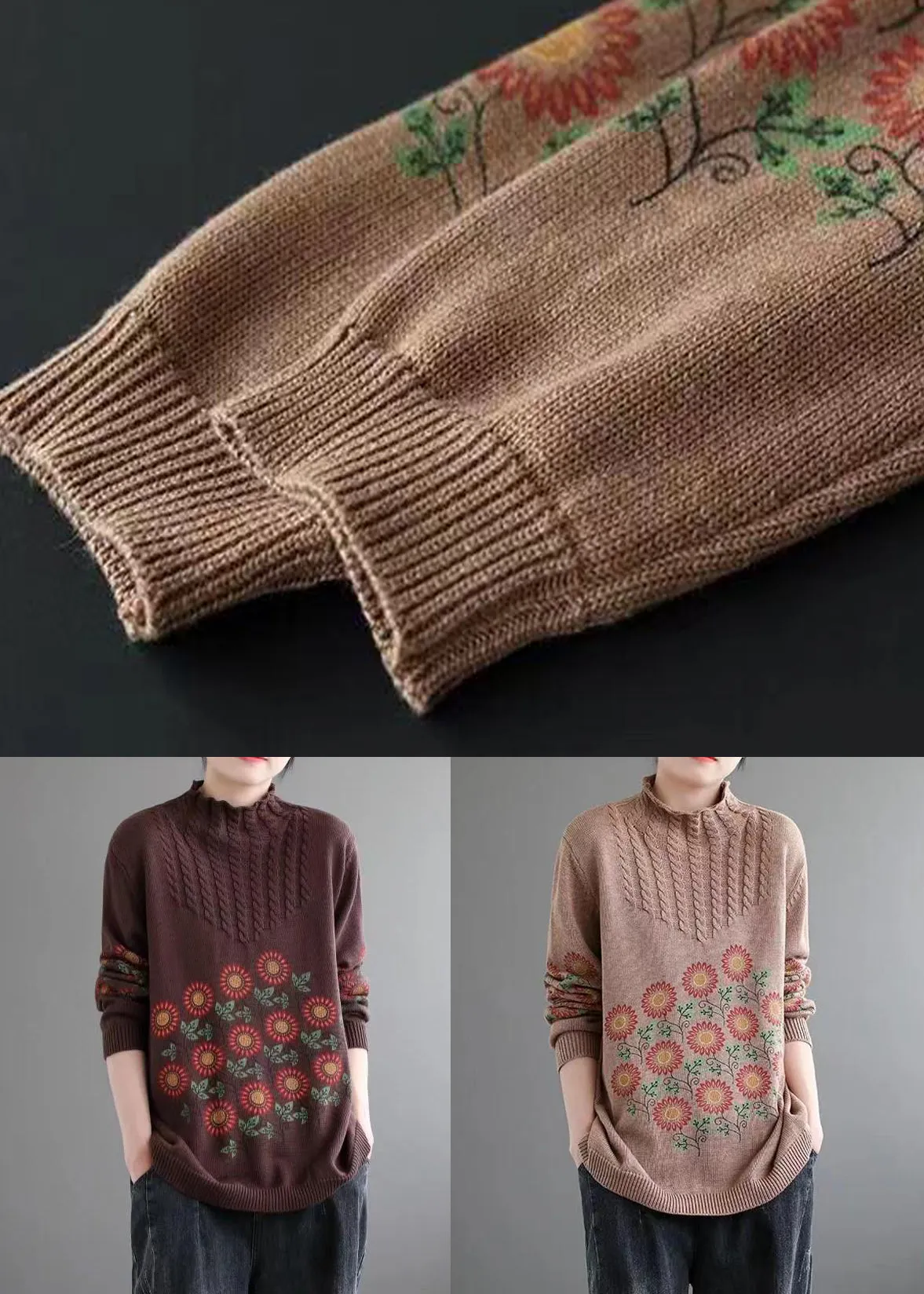 Coffee Cozy Patchwork Knitted Cotton Sweaters Turtleneck Long Sleeve ML1791