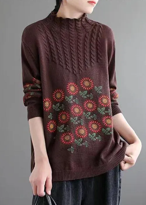 Coffee Cozy Patchwork Knitted Cotton Sweaters Turtleneck Long Sleeve ML1791