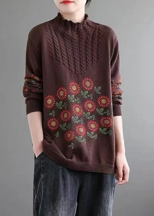 Coffee Cozy Patchwork Knitted Cotton Sweaters Turtleneck Long Sleeve ML1791