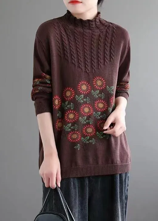 Coffee Cozy Patchwork Knitted Cotton Sweaters Turtleneck Long Sleeve ML1791