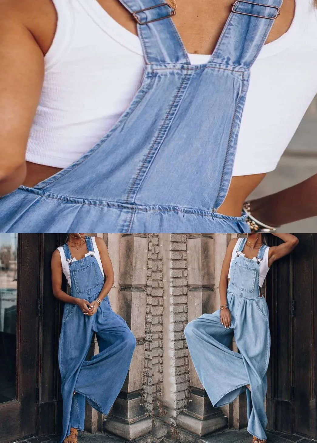 Dark Blue Pockets Patchwork Denim Wide Leg Jumpsuits Summer LY3944