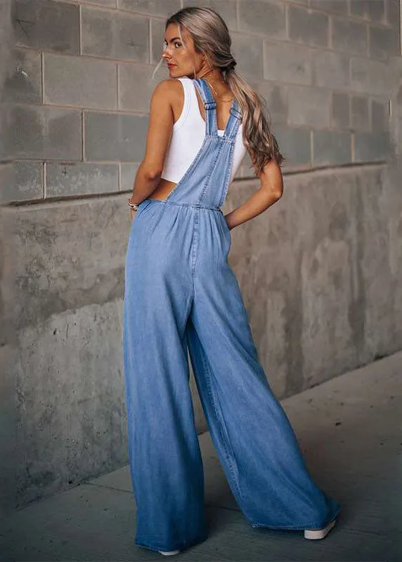 Dark Blue Pockets Patchwork Denim Wide Leg Jumpsuits Summer LY3944