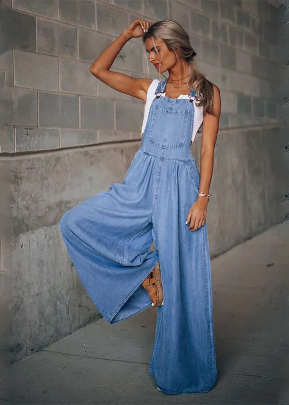 Dark Blue Pockets Patchwork Denim Wide Leg Jumpsuits Summer LY3944