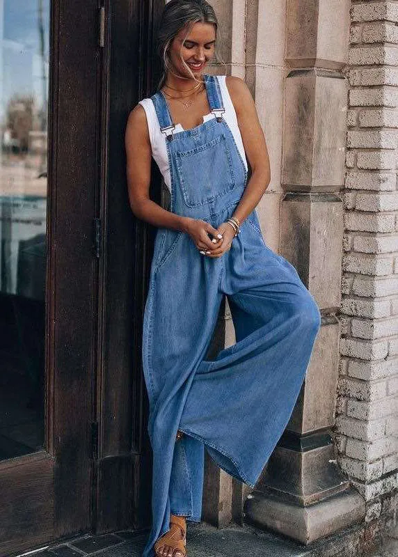 Dark Blue Pockets Patchwork Denim Wide Leg Jumpsuits Summer LY3944