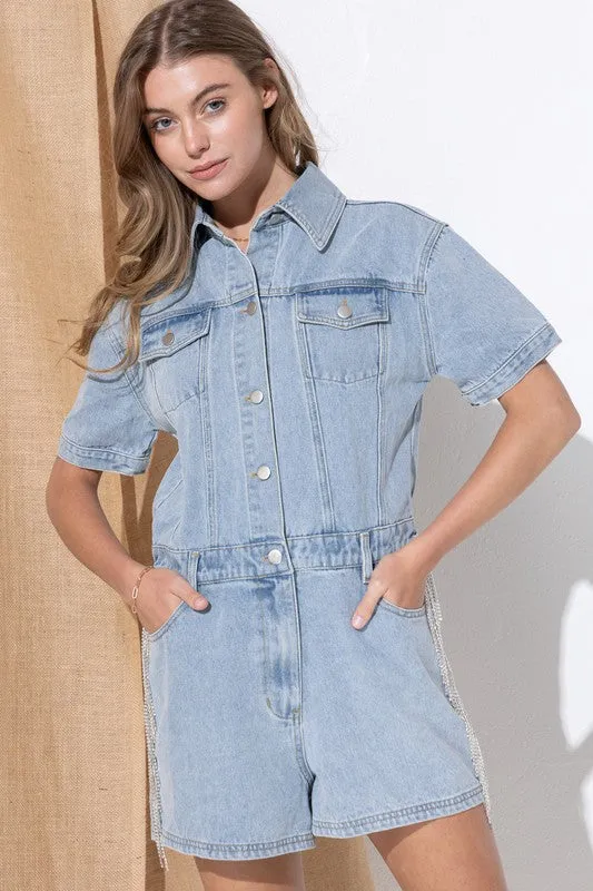 Denim Romper with Shorts Washed Denim Overall  Short Sleeve