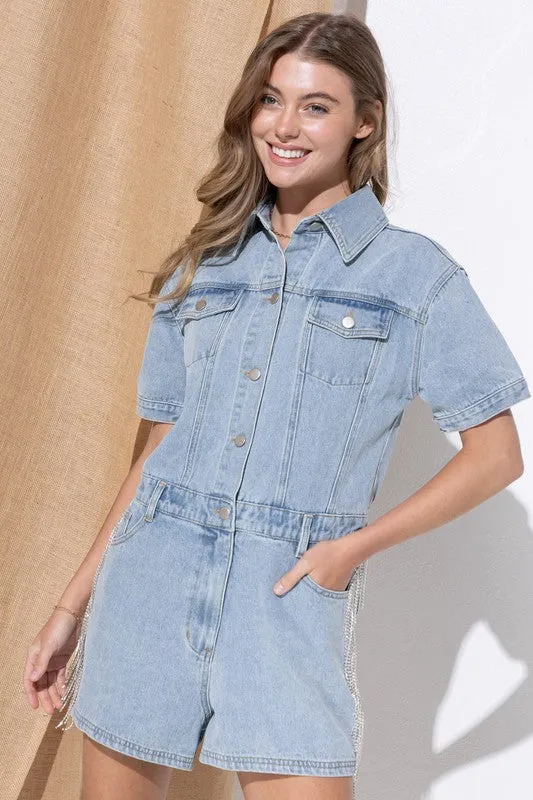 Denim Romper with Shorts Washed Denim Overall  Short Sleeve