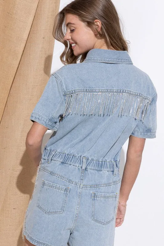 Denim Romper with Shorts Washed Denim Overall  Short Sleeve