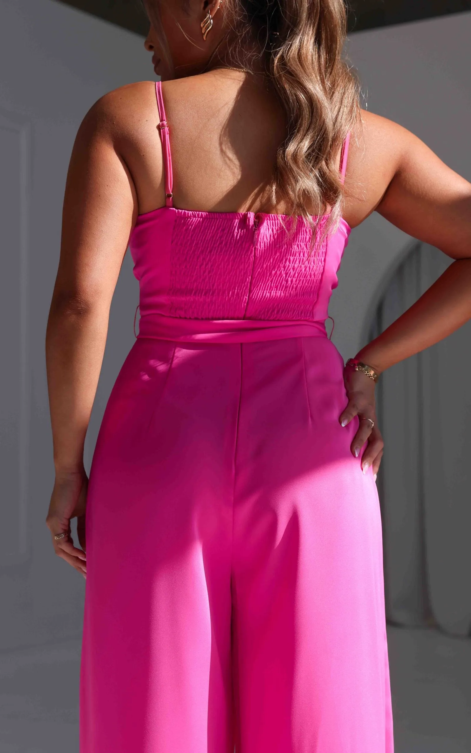 Diaz Shirred Back Panel Wide Leg Jumpsuit - Hot Pink