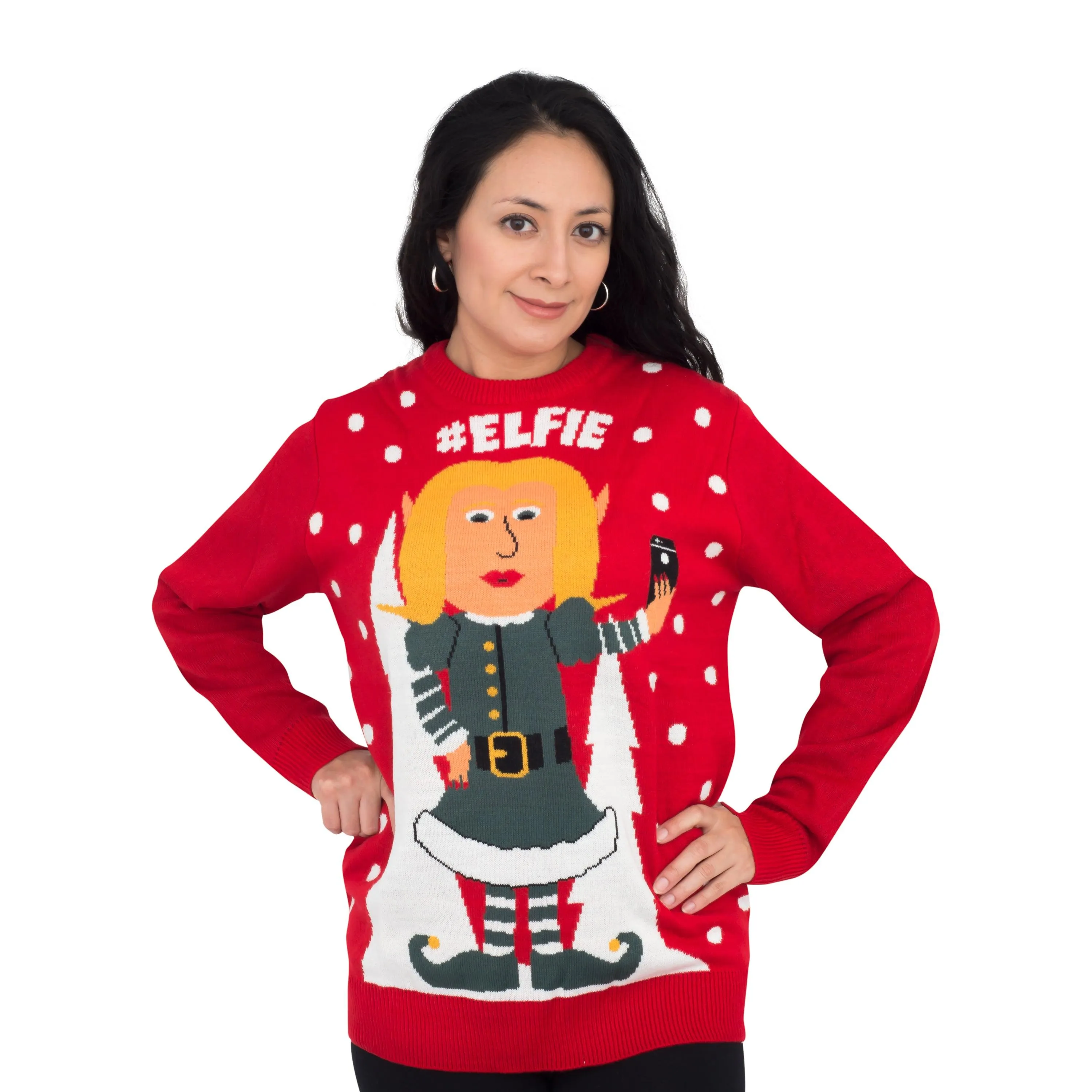 #Elfie Hashtag Women's Elf  with Snowflakes Christmas Sweater