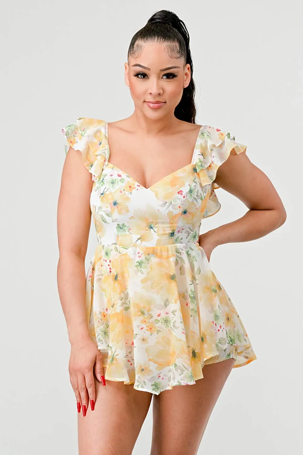 FLORAL CHIFFON RUFFLED OPEN BACK TIE TULLE ROMPER