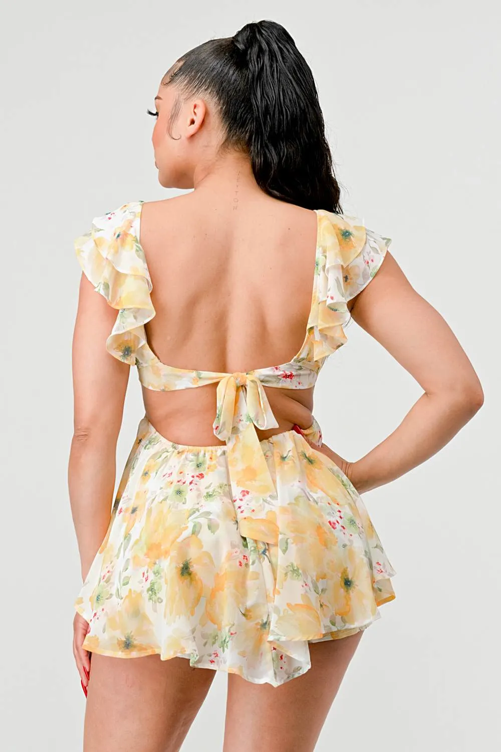 FLORAL CHIFFON RUFFLED OPEN BACK TIE TULLE ROMPER