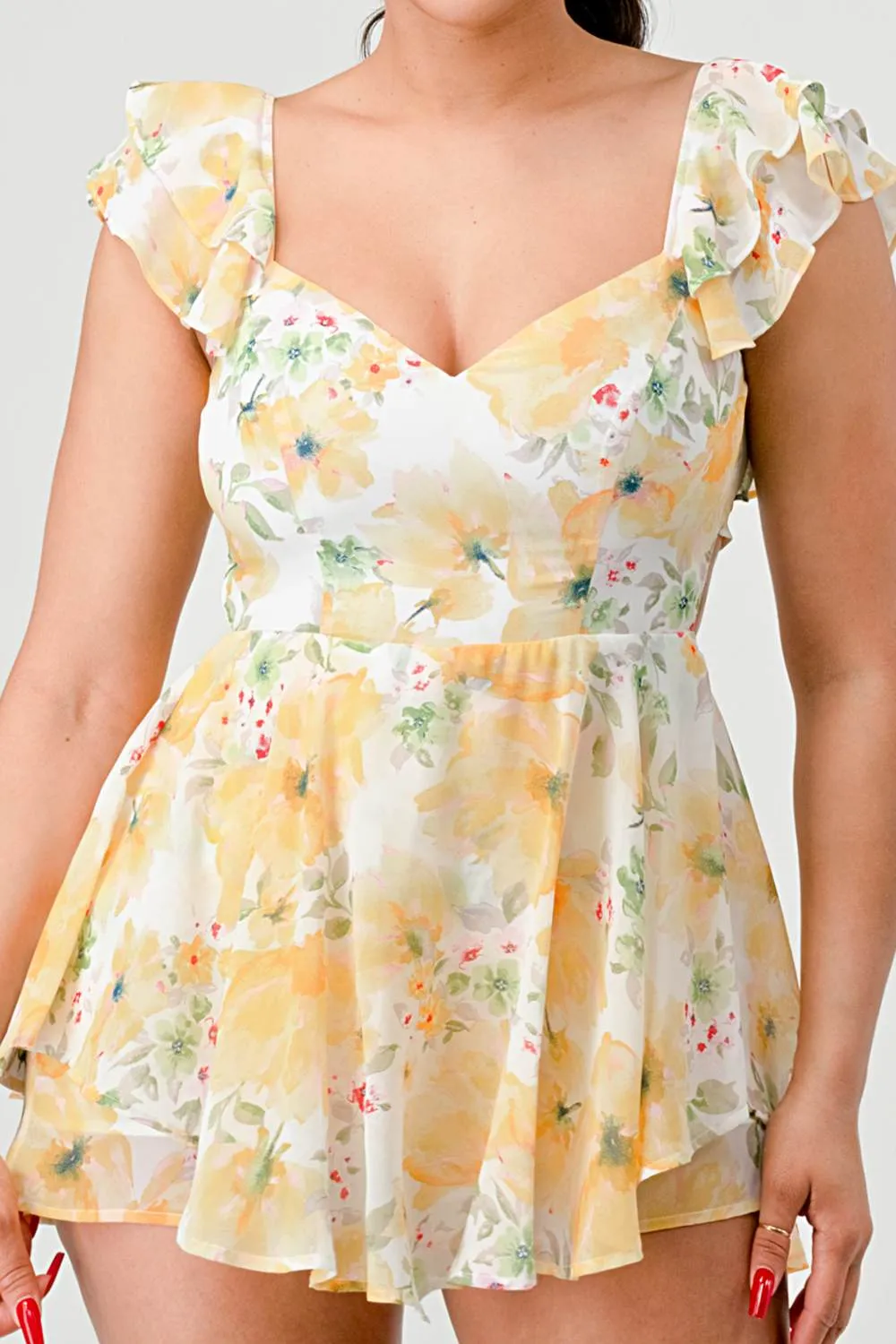 FLORAL CHIFFON RUFFLED OPEN BACK TIE TULLE ROMPER