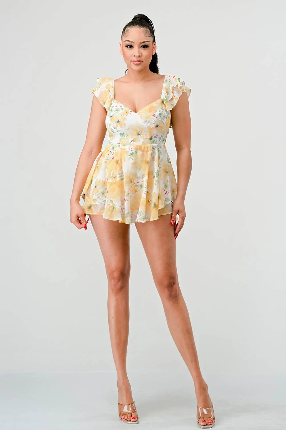 FLORAL CHIFFON RUFFLED OPEN BACK TIE TULLE ROMPER